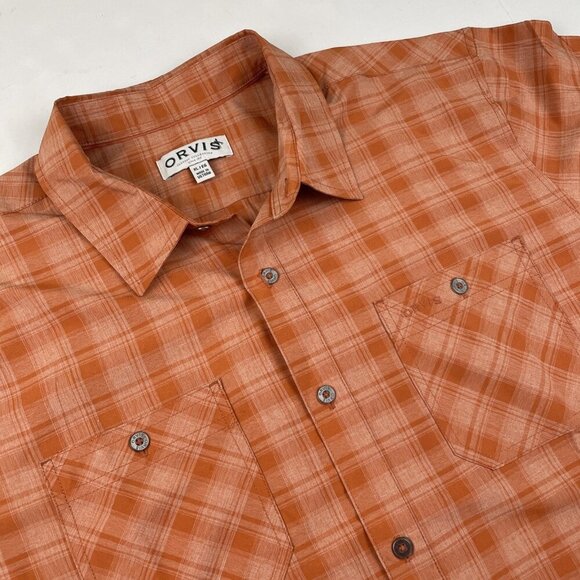 Orvis Button-Up Short Sleeve Shirt Men's XL Outdoor Fishing Hiking Plaid Orange - Picture 1 of 10
